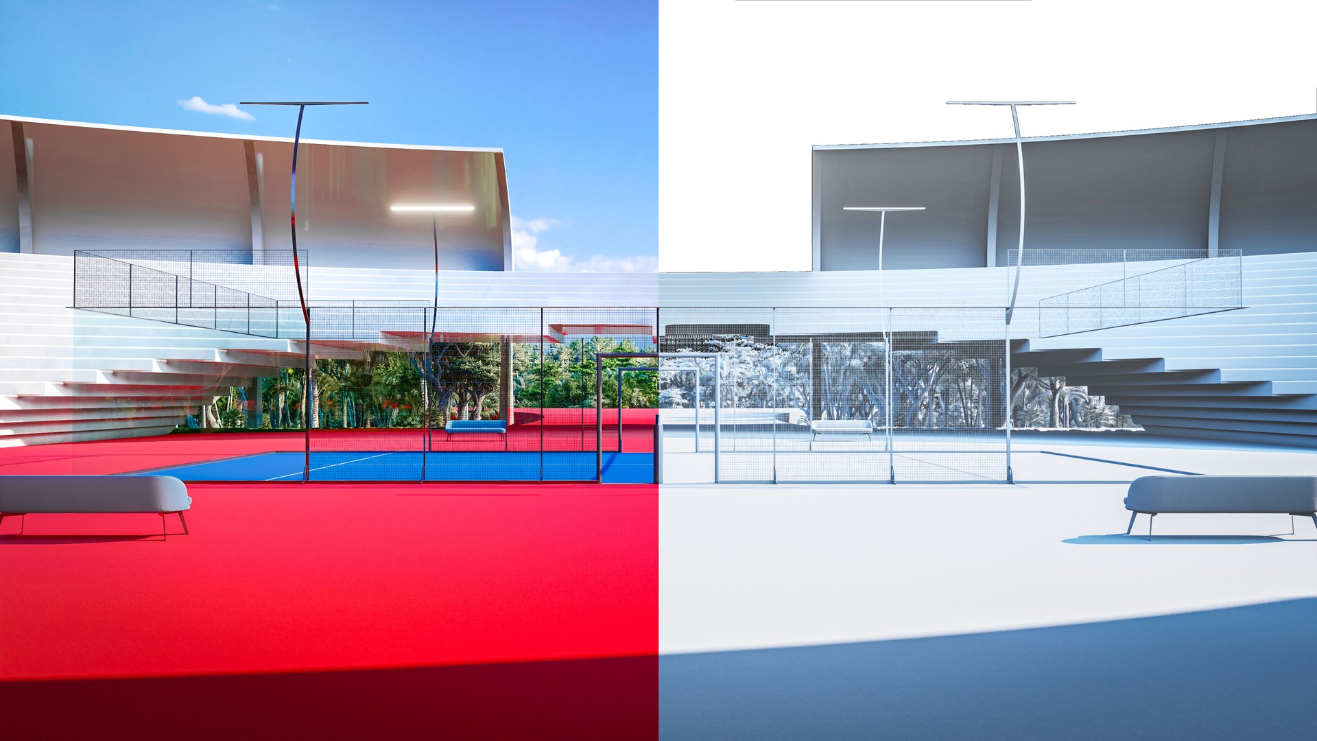 From the  white 3D model to the realistic render of a padel stadium